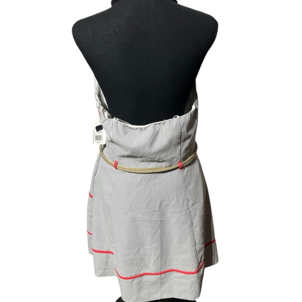 JESSICA SIMPSON BACKLESS SEER SUCKER DRESS WOMEN 14 BLUE WHITE RED TRIM MINIMAL - Picture 2 of 14
